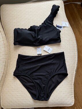 J. Crew High Waist Bikini Bottom Scallop One Shoulder Bikini Top Medium NWT